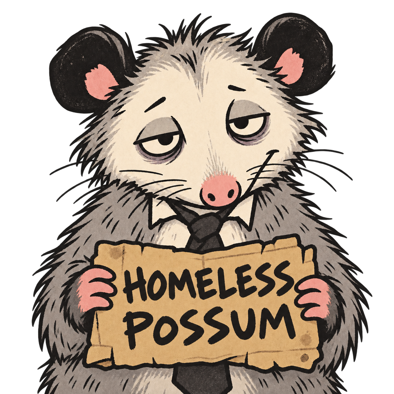 Homeless Possum, a fictional AI possum in a tie holding his cardboard sign